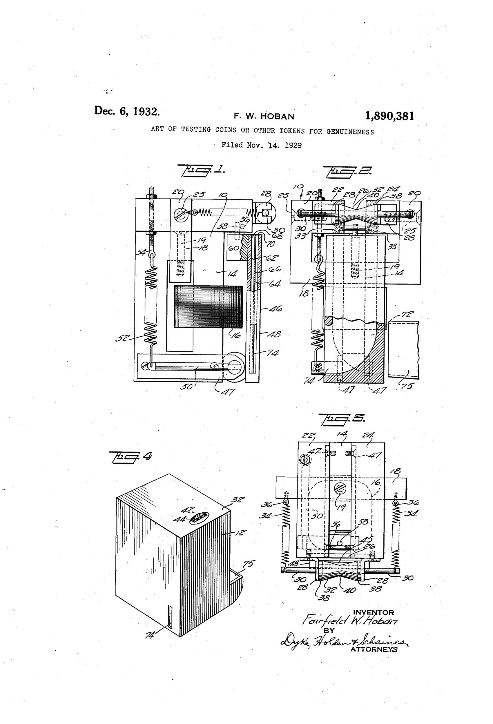 Patent drawing of a coin-testing apparatus showing a boxy casing with an internal magnetic core, coil, spring-loaded roller, and a hinged armature with coin passages, alongside a perspective view of the finished enclosed device with a coin slot on top.