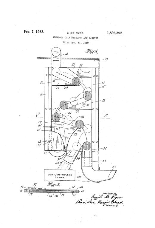 Mechanical drawing of a coin detector housing showing a zigzag arrangement of inclined metal anvils, vertical guide strips, an overhead deflecting anvil, a magnet, and two discharge chutes leading to a coin-controlled device and a return cup, with a side cross-section below labeled Fig. 2.