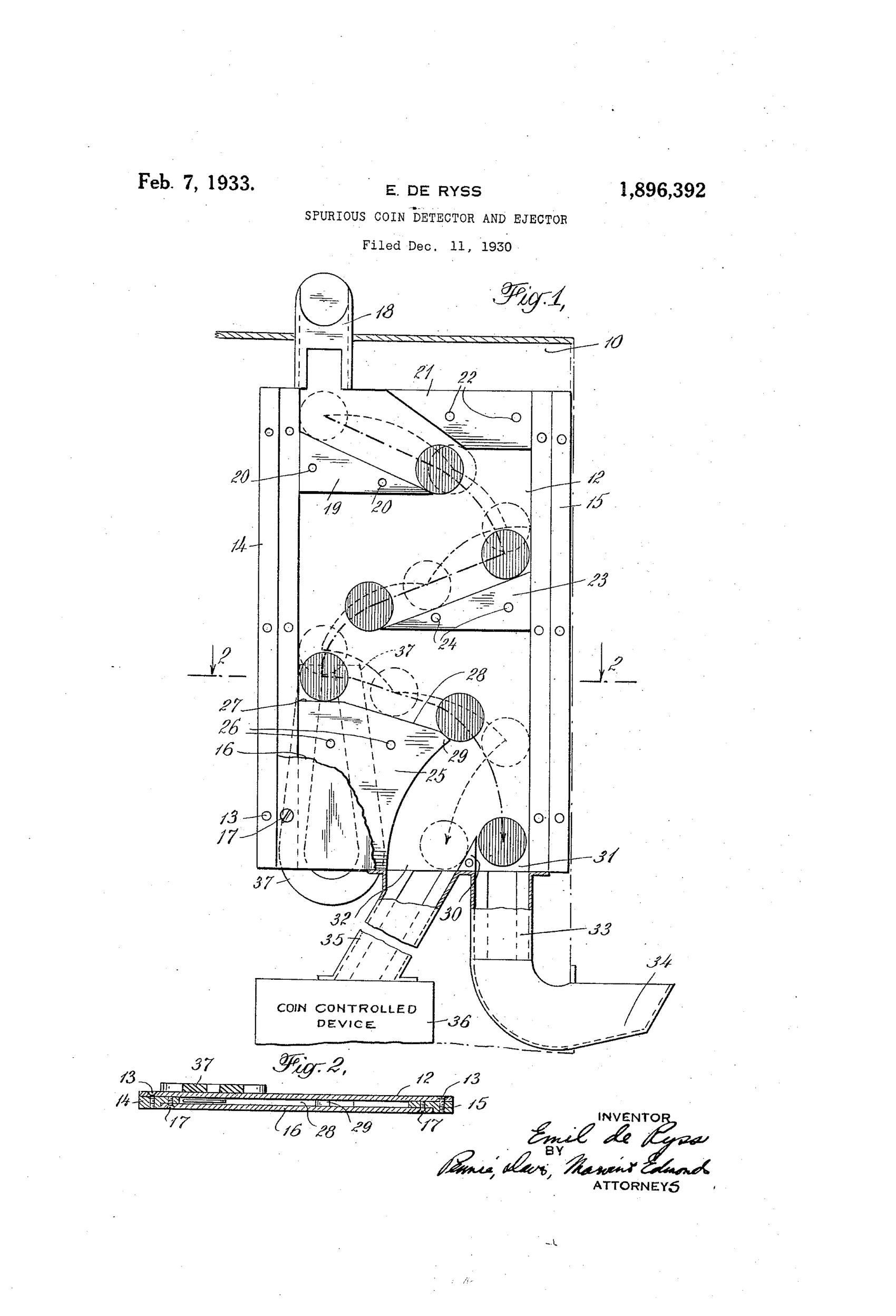 Mechanical drawing of a coin detector housing showing a zigzag arrangement of inclined metal anvils, vertical guide strips, an overhead deflecting anvil, a magnet, and two discharge chutes leading to a coin-controlled device and a return cup, with a side cross-section below labeled Fig. 2.