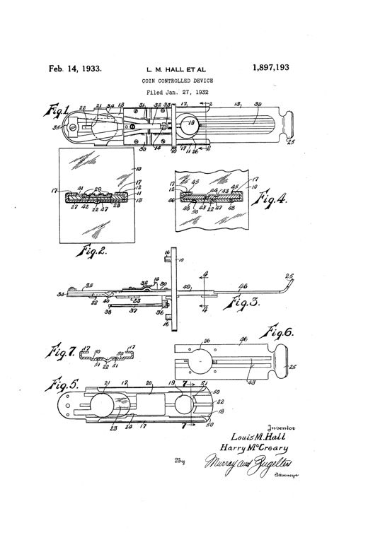 Patent drawing showing a coin slot mechanism with a support plate, sliding coin-carrying strip with handle, housing with lateral flanges, ridges and studs for anti-fraud protection, and a magnet-equipped trigger arm, illustrated in seven labeled figures including top, side, and cross-sectional views.