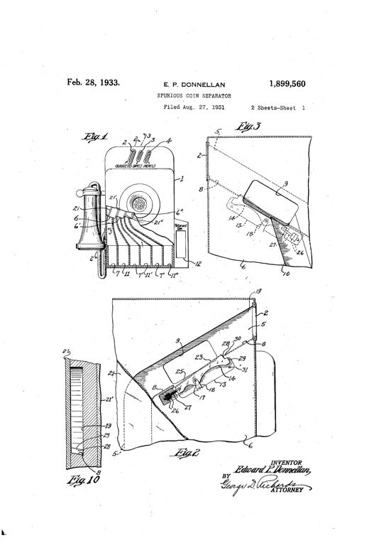 Patent drawing of a telephone pay-station coin box showing an inclined coin slot with a pivoting weighted lever that either lets a genuine quarter pass or tips to eject a lighter counterfeit coin through a side discharge opening into a separate reject chute.