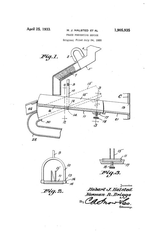 Patent drawing showing an inclined coin guide tube feeding into a tiltable weighing scale with adjustable counterweight, guide strips, and separate receiving and return channels, with two smaller cross-section figures below detailing the hanger yoke and weight assembly.