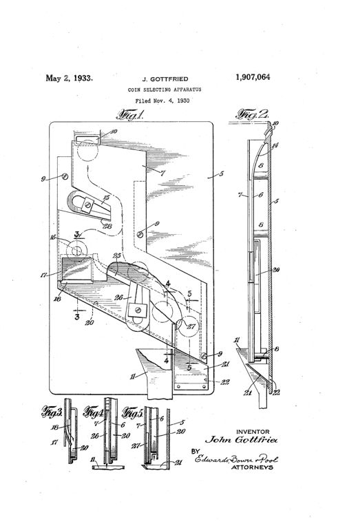 Patent drawing showing a vertical coin chute mechanism with labeled magnets, pivots, and diverging passages, plus side-view and cross-sectional details of the coin runway construction.