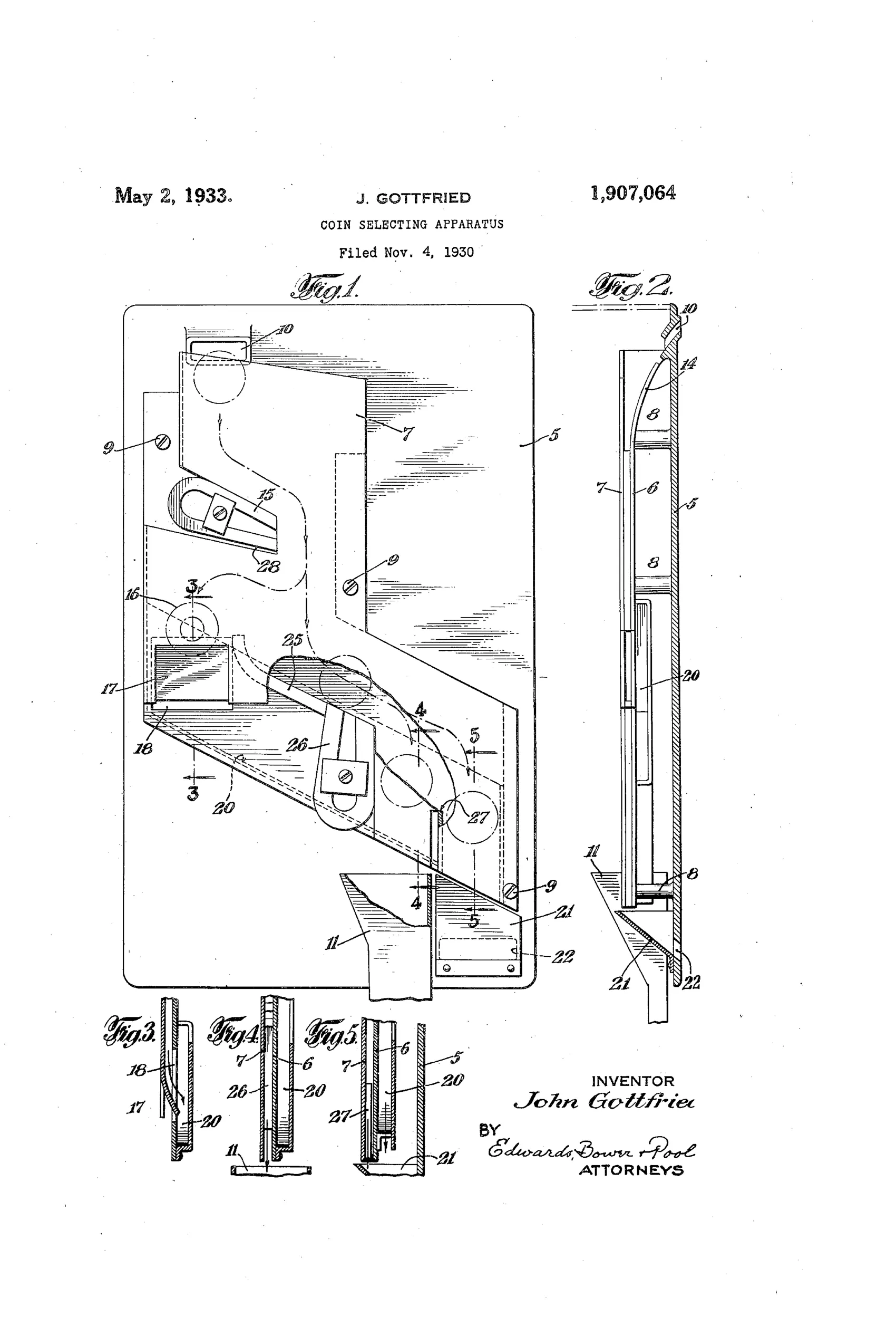 Patent drawing showing a vertical coin chute mechanism with labeled magnets, pivots, and diverging passages, plus side-view and cross-sectional details of the coin runway construction.