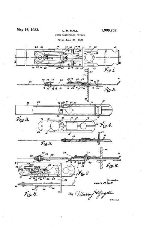 Patent drawing showing a long sliding guide plate and strip mechanism with coin apertures, spring trigger, magnet, and abutment arm, illustrated in eight cross-sectional and plan views labeled Fig. 1 through Fig. 8.