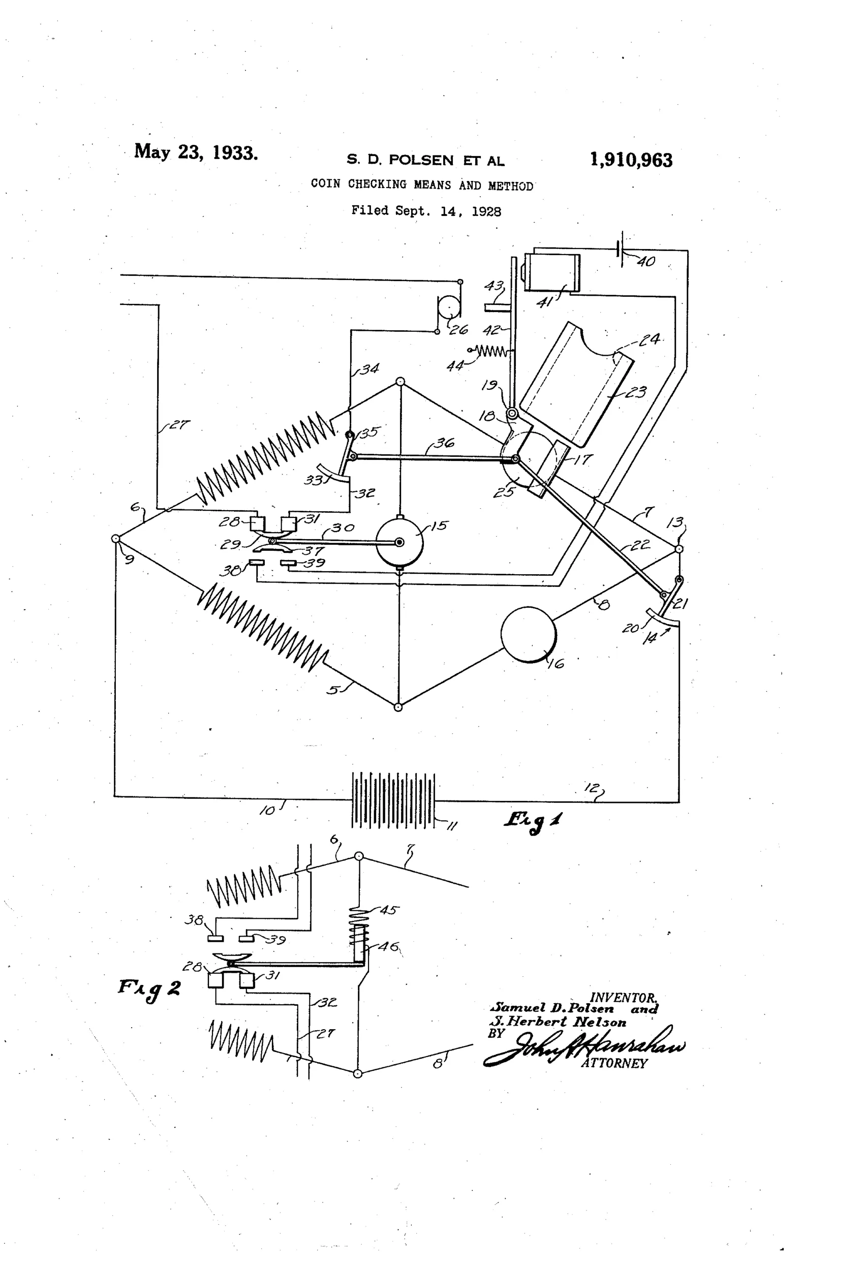 A schematic patent drawing of a Wheatstone bridge coin-testing circuit with springs, pivots, a galvanometer, contact switches, a solenoid coil, and a battery, alongside a smaller detail view labeled Fig. 2 showing a modified contact arrangement.