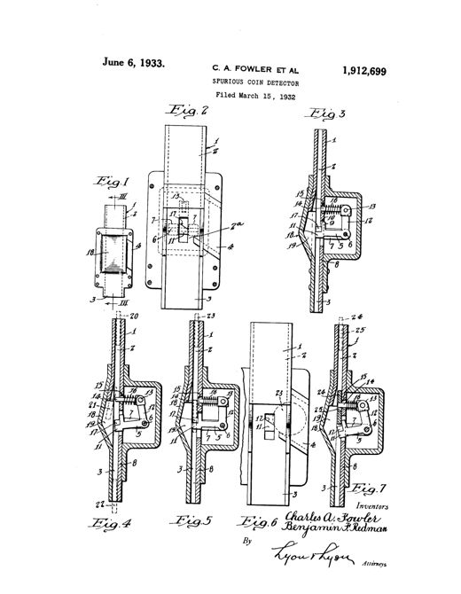 Patent drawing showing seven mechanical diagrams of a coin chute device with a pivoted bell crank, spring, and pin mechanism that sorts true coins from spurious or lightweight coins into separate collection and rejection passages.