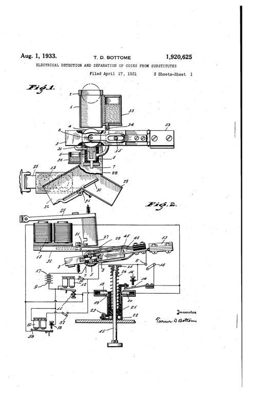 Patent drawing of a mechanical coin-testing apparatus showing a check receiving chute, electrolytic cell with coin as anode, spring contacts, an electromagnet-actuated deflector pin, and a wiring diagram connecting batteries, relays, and coil solenoids.