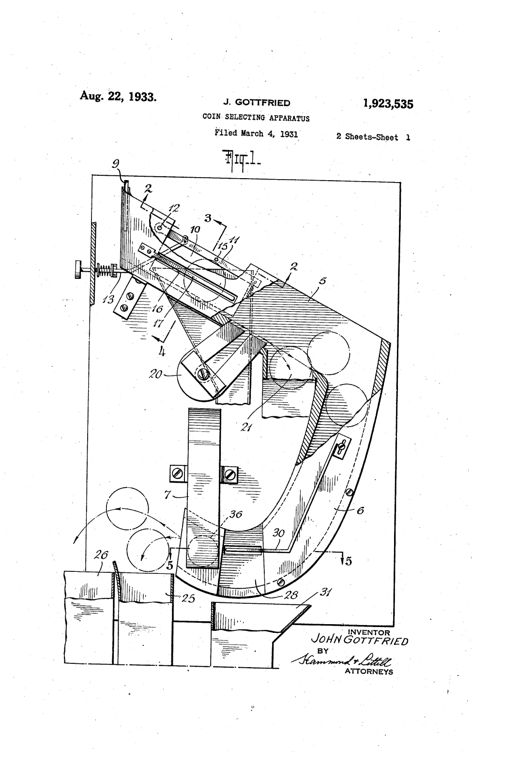 Patent drawing of a coin-selecting apparatus showing an inclined upper chute with a movable top rail and ejecting spring leading into a vertical J-shaped chute flanked by magnet pole pieces, with numbered parts and a lower coin return tray.