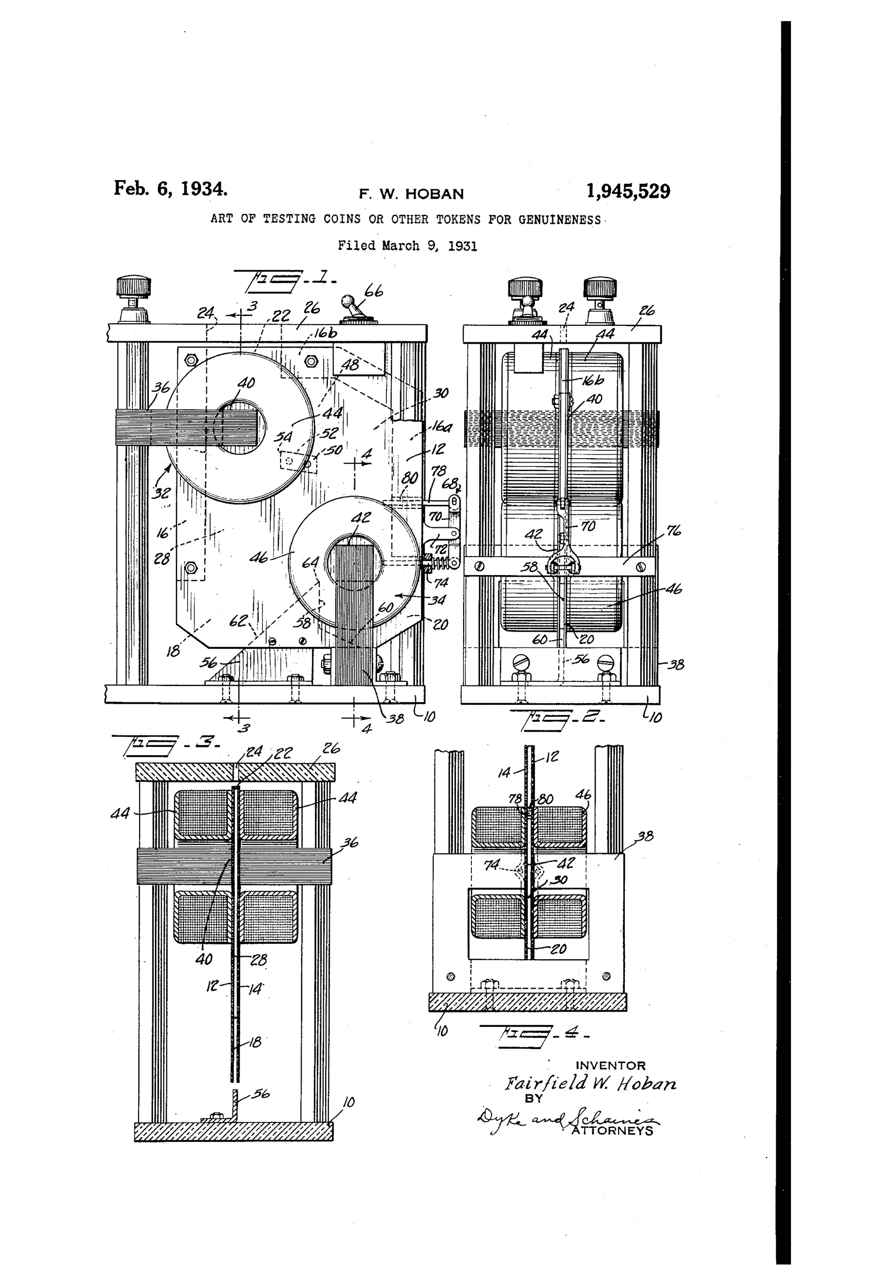 Patent drawing showing a boxy coin-testing apparatus with insulated vertical panels, wound electromagnetic coils on laminated cores forming gaps for a coin chute, a rocker arm and stop pin mechanism, and two lateral outlets for accepted and rejected coins, shown in front elevation, side elevation, and two cross-sections.