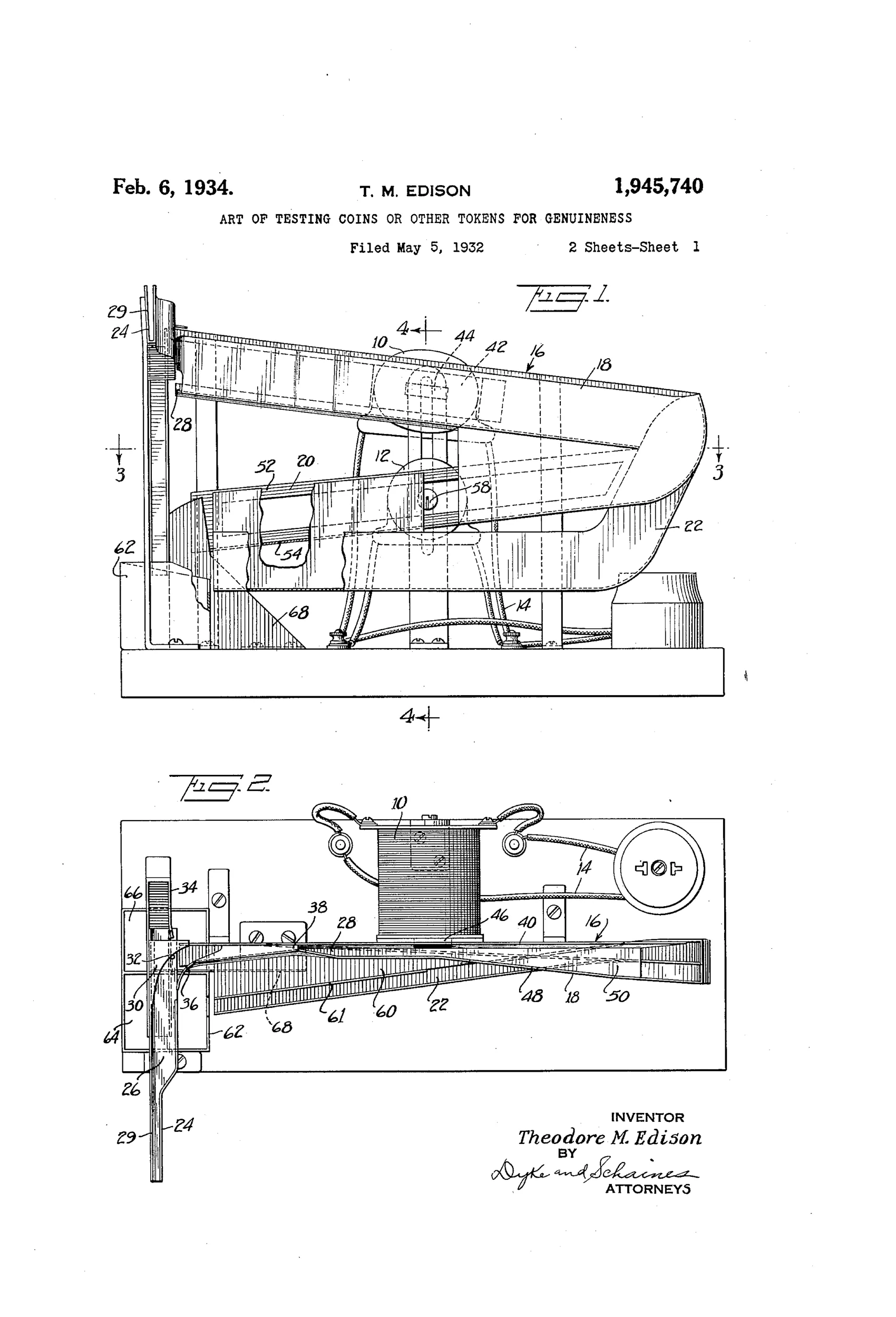 Patent drawing of an inclined chute apparatus with two electromagnets positioned along the coin path, showing a coin rolling on edge past the magnets and being deflected into separate collection compartments based on its metal composition.