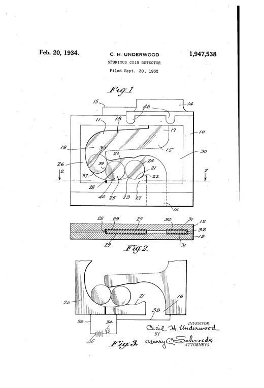 Patent drawing showing a rectangular coin-detector housing with a winding internal coin path, circular coin positions, and a wiring diagram with a battery and lamp for signalling a fake coin.