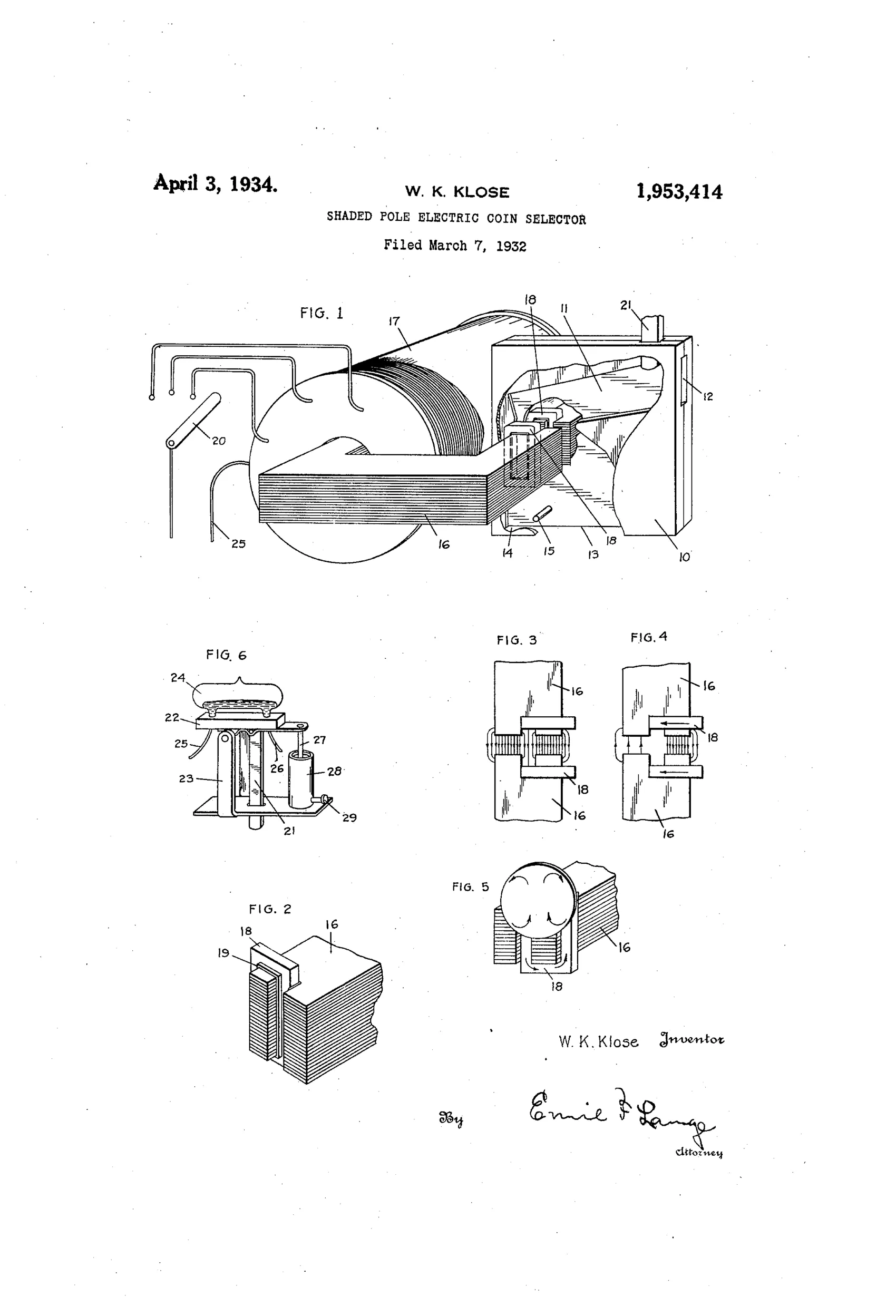 Patent drawing of a coin selector showing a laminated electromagnet with shading coils, a coin chute assembly labeled with numbered parts, and a separate time-switch mechanism with a mercury switch and dashpot piston.