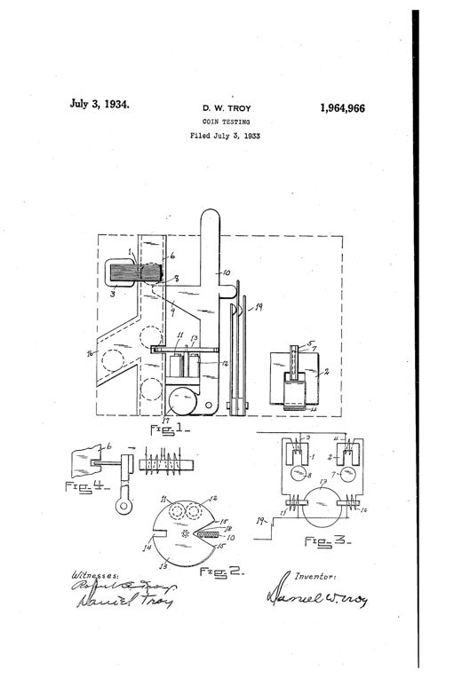 Patent drawing showing a coin-testing device with two transformer coils, a coin chute, a lever-operated detent, and a rotatable disc mechanism for routing accepted or rejected coins, alongside a circuit diagram of the electromagnetic testing system.