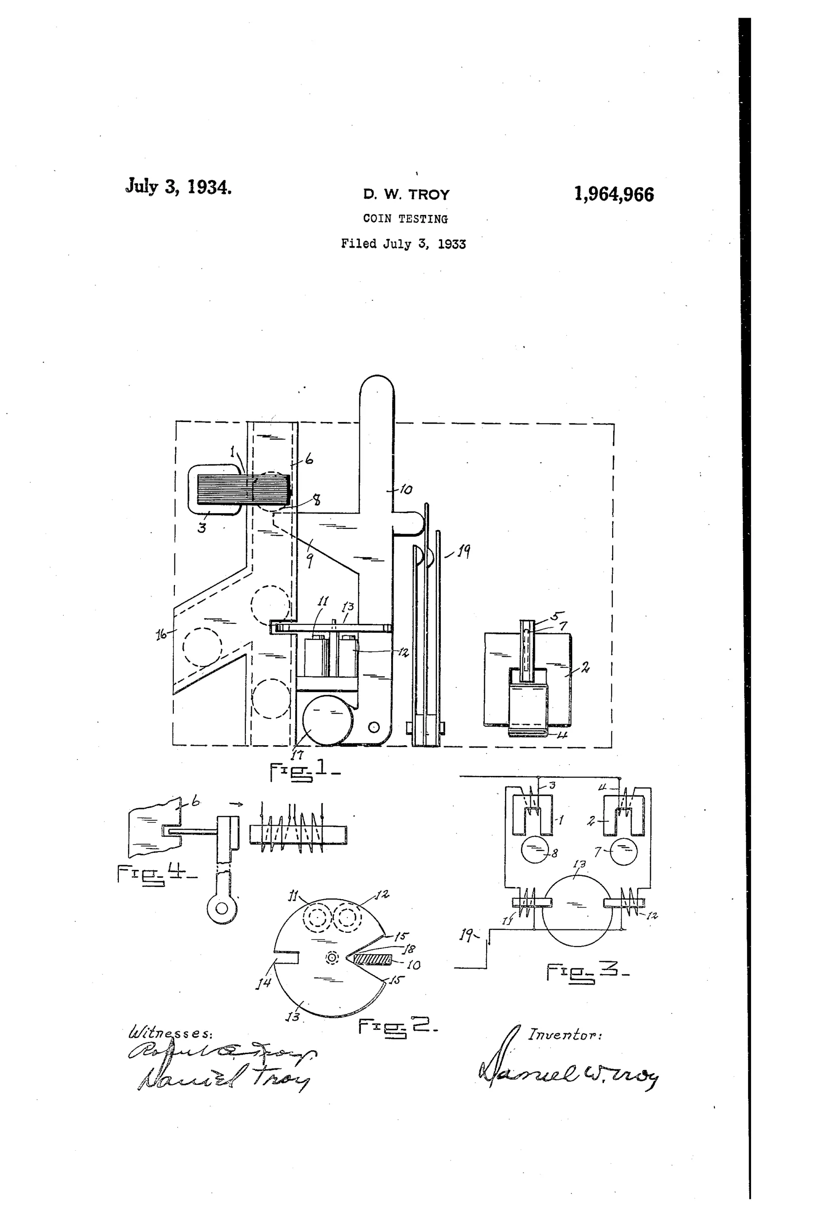 Patent drawing showing a coin-testing device with two transformer coils, a coin chute, a lever-operated detent, and a rotatable disc mechanism for routing accepted or rejected coins, alongside a circuit diagram of the electromagnetic testing system.