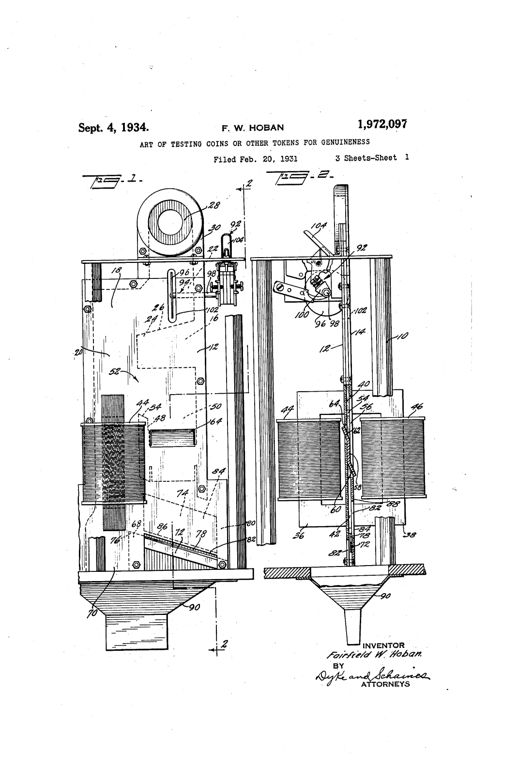 Patent drawing of a vertical coin-testing chute assembly showing two stacked electromagnetic coils with laminated cores forming gaps through which a coin drops, flanked by insulating side panels with numbered passages, inclines, and outlet openings for sorting genuine coins from counterfeit slugs.