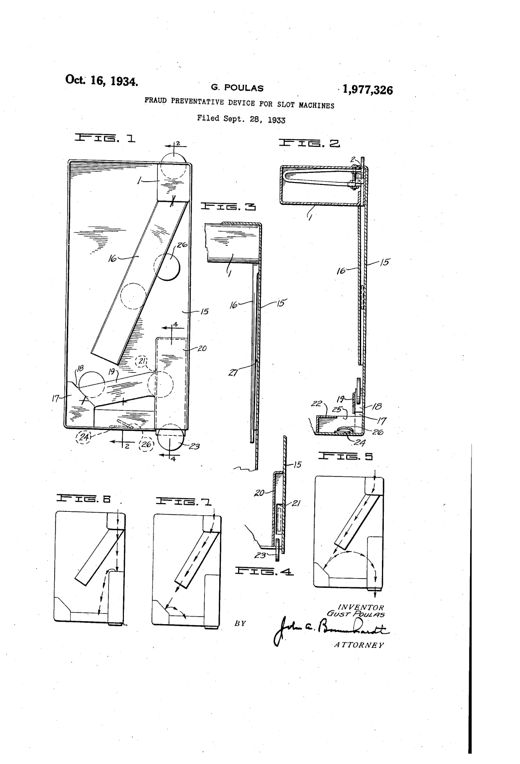 Patent drawing of a rectangular slot-machine coin box showing an inclined coin slide leading to a metallic bouncing block, with side sections illustrating the paths taken by genuine coins versus thin or soft metal slugs into a slug pocket.