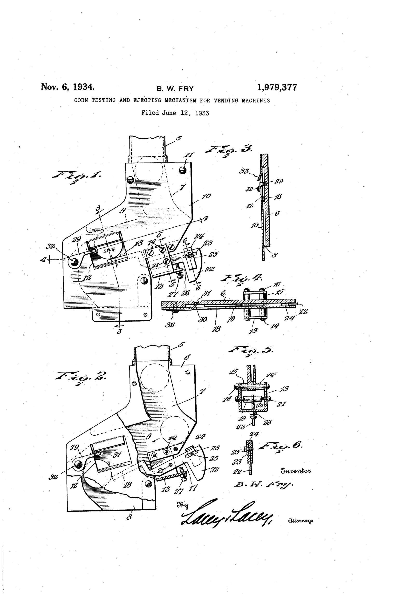 Patent drawing of a coin testing and ejecting mechanism showing an angular coin chute casting with a weighing lever, counterweight bracket, resilient spring lip, and discharge opening, illustrated in six labeled figures with a signature reading B.W. Fry.