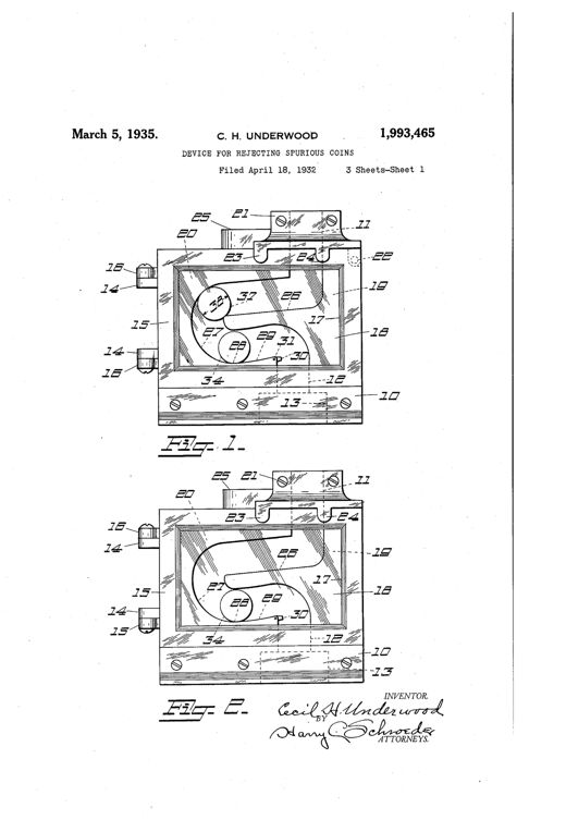 Patent drawing of a rectangular glass-windowed coin detector casing with a circuitous internal track, showing pivoted selector wheels, a counterweighted trap door, and coin recesses labeled with numbered reference lines.