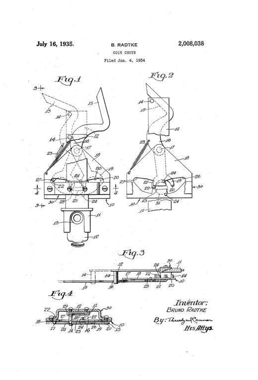 Line drawing of a mechanical coin chute assembly showing a sliding coin tray, a triangular pivoting ejector arm with a coil spring, a shelf with numbered stop pins and discharge slots, and side/cross-section views labeled Fig. 1 through Fig. 4.