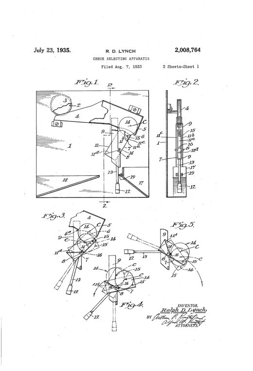 Patent drawing showing a coin chute leading to a pivoted balance arm mechanism with weighted counterlevers that tips one way to accept or another way to reject a check based on its weight.