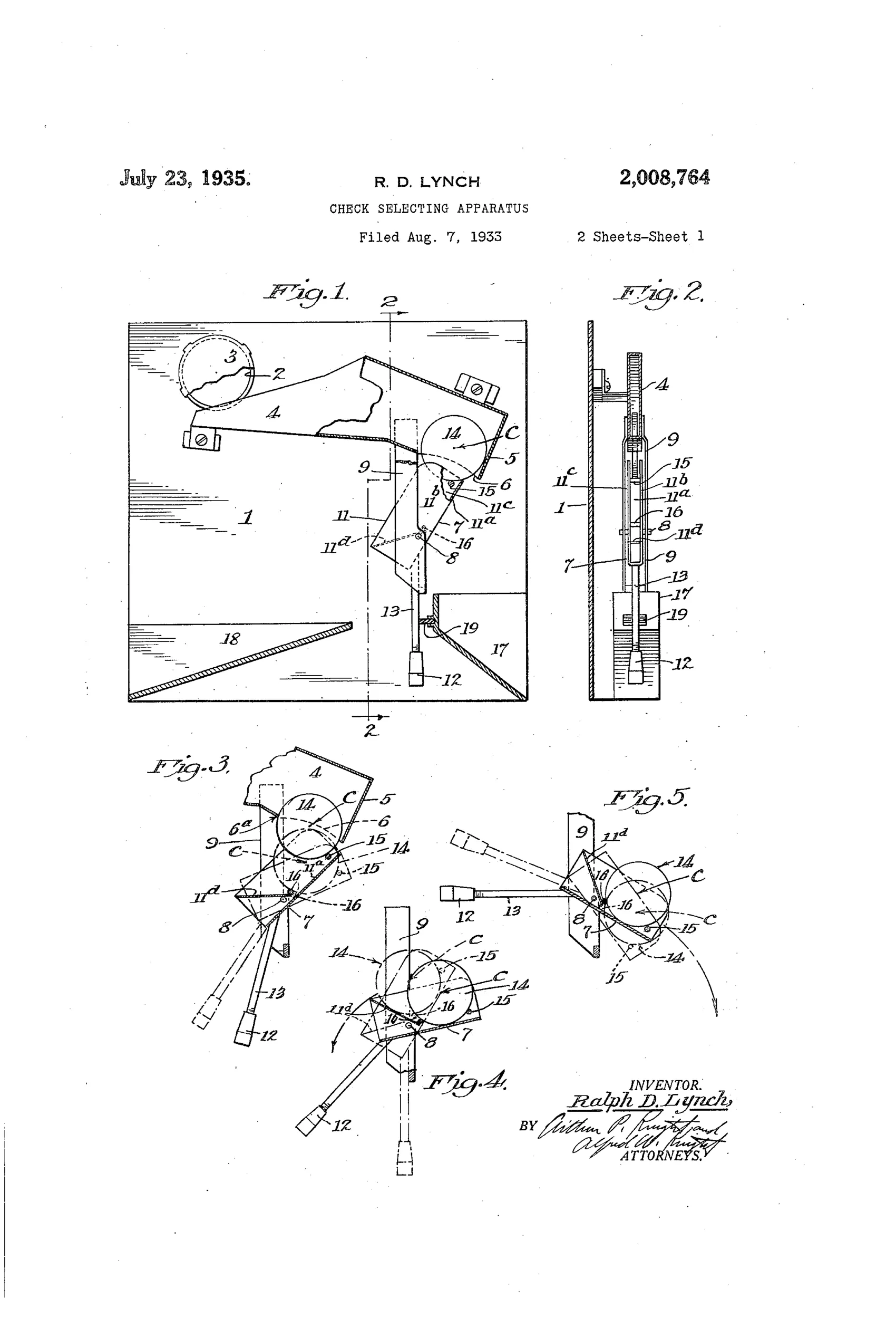 Patent drawing showing a coin chute leading to a pivoted balance arm mechanism with weighted counterlevers that tips one way to accept or another way to reject a check based on its weight.