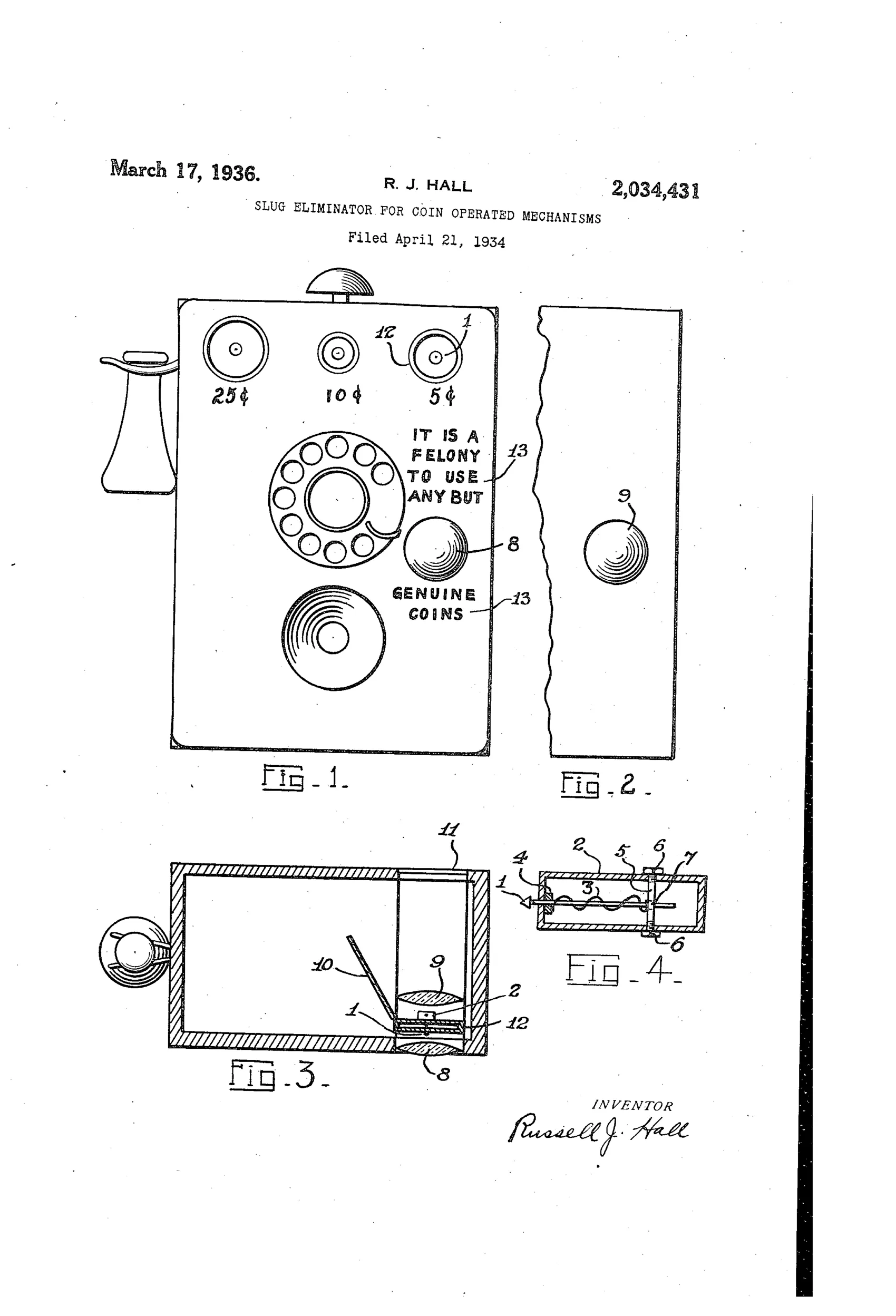 Patent drawing of a coin-operated payphone front panel showing coin slots labeled 25¢, 10¢, and 5¢, a rotary dial, warning text about felony slug use, and internal mechanical diagrams of a spring-loaded plunger device for detecting slugs.