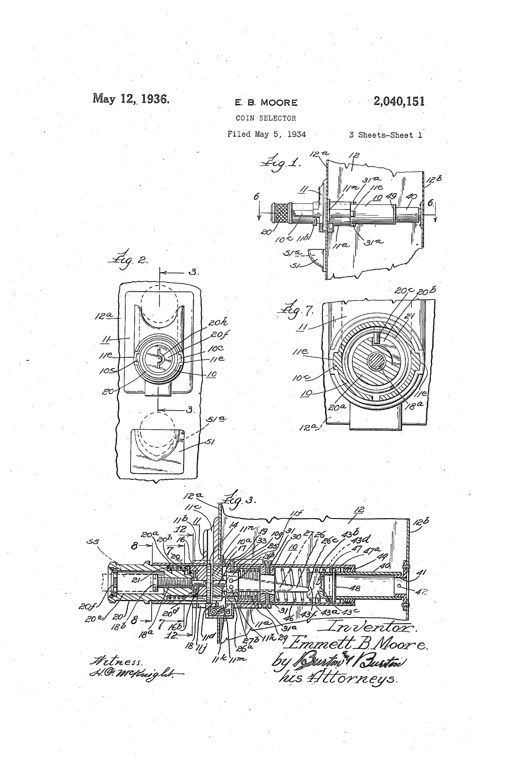 Patent drawing of a cylindrical coin selector mechanism with a tubular transfer member, escutcheon plate, calibrating pins, springs, levers, and an adjustable knob, shown in side elevation, cross-section, and multiple transverse sectional views.