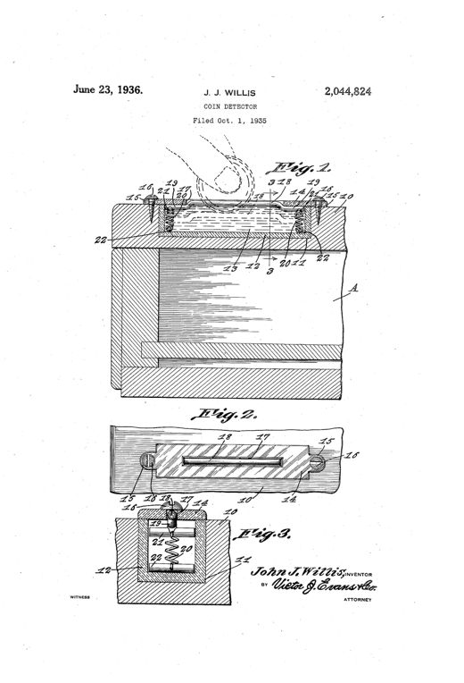 Patent drawing showing a rectangular coin-testing well embedded in a cash register counter, with a slotted cover plate, spring-loaded closure bar, and cross-section detailing internal springs and solution chamber.