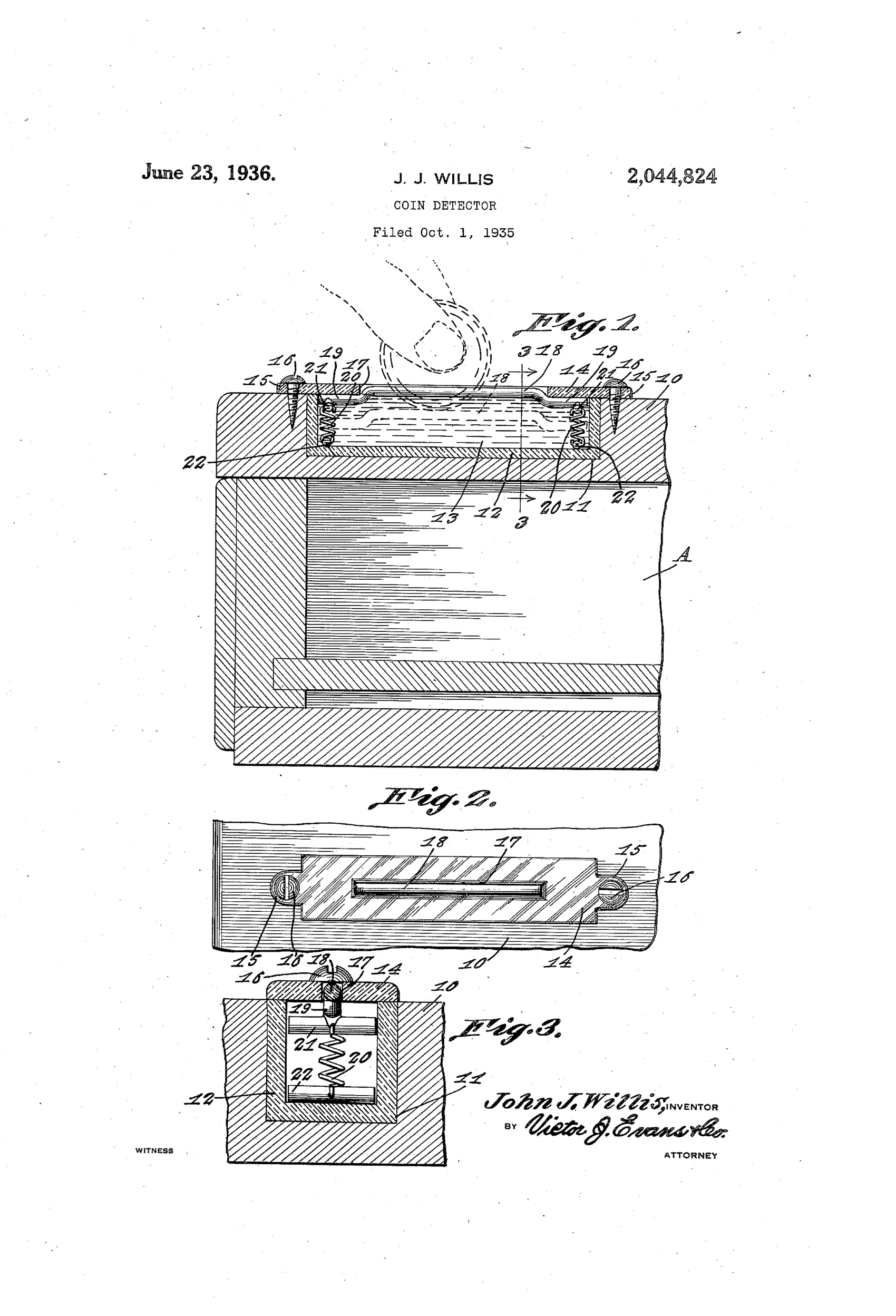 Patent drawing showing a rectangular coin-testing well embedded in a cash register counter, with a slotted cover plate, spring-loaded closure bar, and cross-section detailing internal springs and solution chamber.