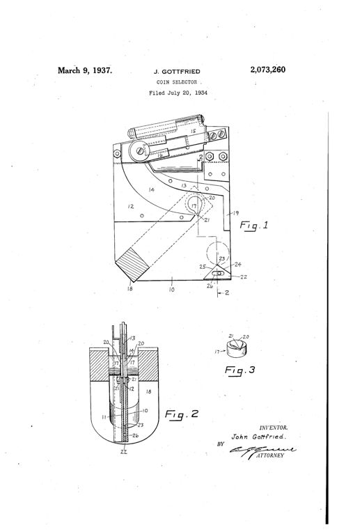 Patent drawing of a coin selector mechanism showing a side elevation with coin chute, magnet pole pieces with pointed projections, and a pivoted separator edge, plus a cross-section and enlarged pole piece detail.