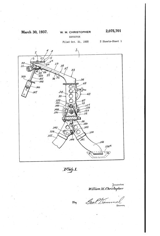 Patent drawing of a mechanical coin detector showing an angled coin slide feeding into a chute assembly with pivoted weighing pan, counterweighted lever, rotating shaft structures with clutch pins, and branching discharge chutes for coins versus slugs.