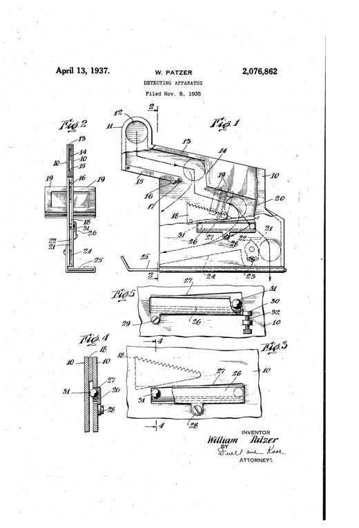 Patent drawing showing a side-view mechanical coin detector with an inclined chute, bar magnet, serrated edge member, and ball-in-groove anti-tilt runway, along with cross-sectional and enlarged detail views of the coin-guiding plates and pivoted track member.