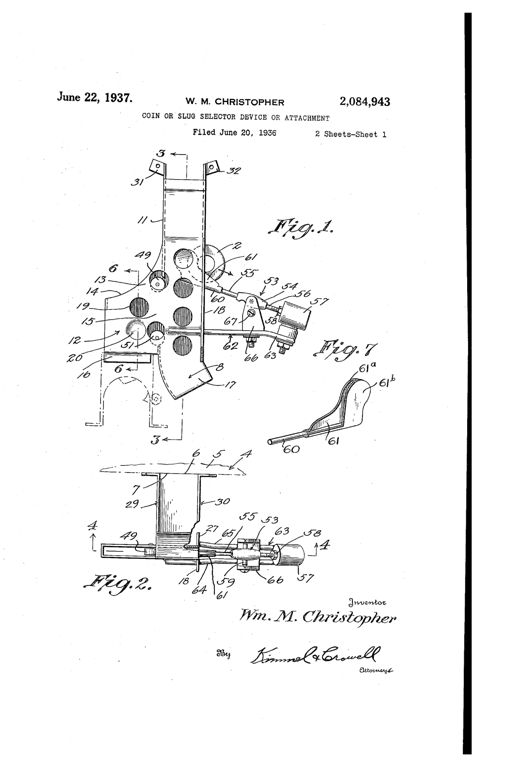 Patent drawing of a mechanical coin and slug selector showing a vertical housing with internal chutes, rollers, and a counter-balanced pivoting arm with adjustable stop screw that sorts coins from light and heavy slugs into separate discharge paths.