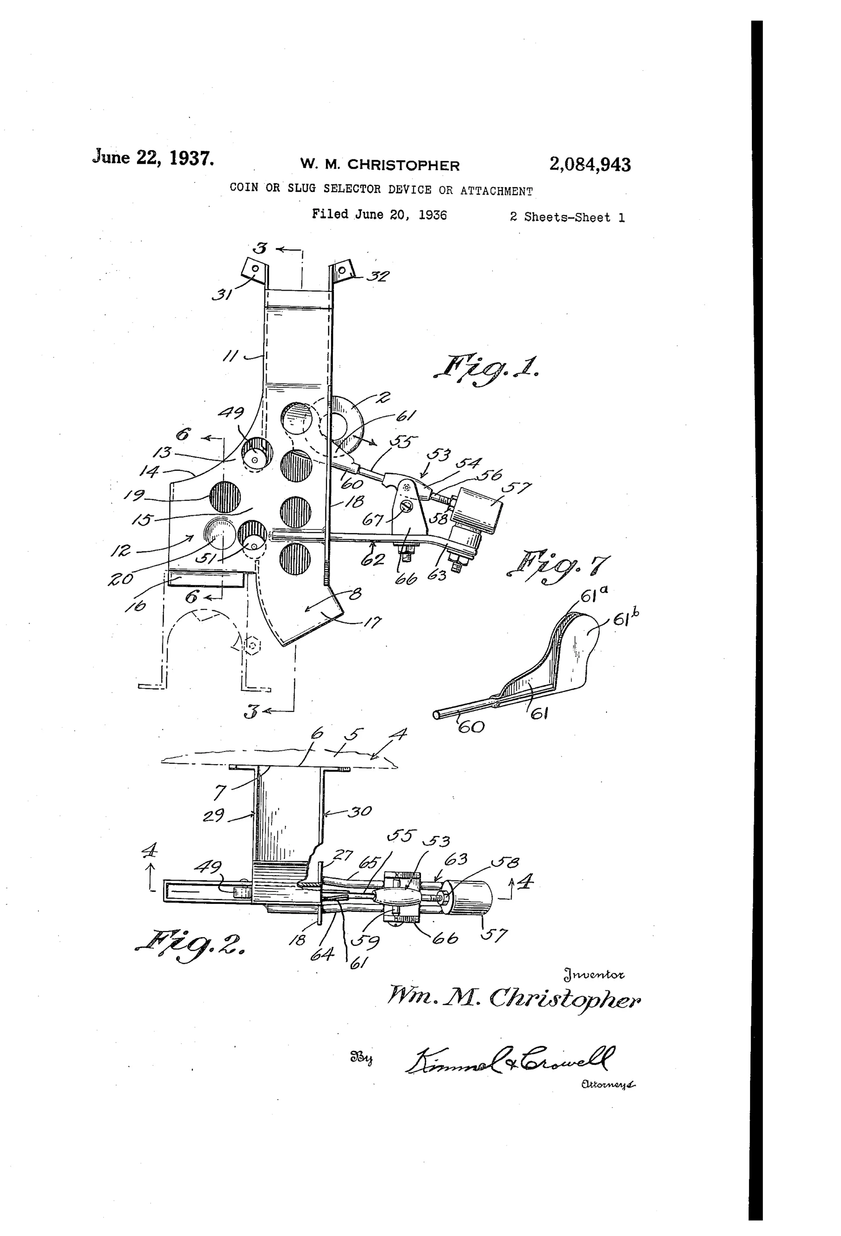 Patent drawing of a mechanical coin and slug selector showing a vertical housing with internal chutes, rollers, and a counter-balanced pivoting arm with adjustable stop screw that sorts coins from light and heavy slugs into separate discharge paths.
