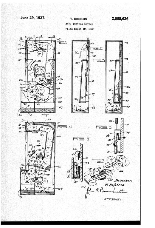 Patent drawing of a coin testing device showing a vertical casing with internal chutes labeled A, B, C, D, magnets, pivoted gates, springs, and compartments for sorting coins and slugs by size and weight.