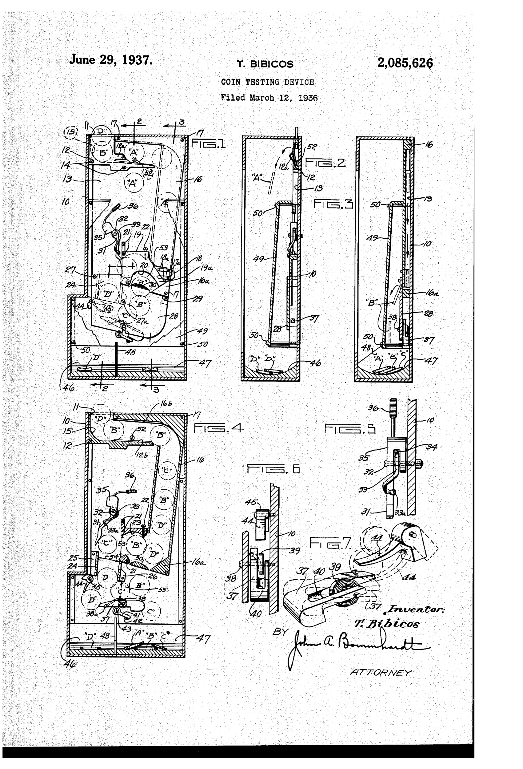 Patent drawing of a coin testing device showing a vertical casing with internal chutes labeled A, B, C, D, magnets, pivoted gates, springs, and compartments for sorting coins and slugs by size and weight.