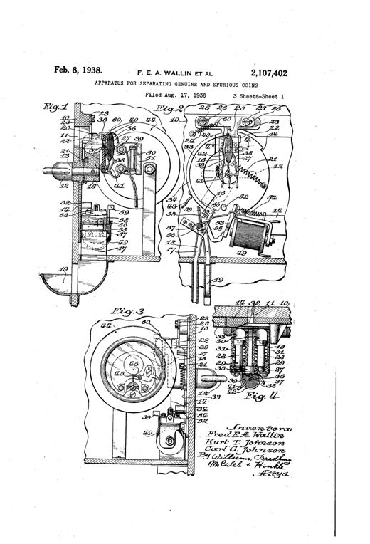 Patent drawing showing a coin-testing mechanism with a rotating carriage, heated contact stud, electromagnet-actuated gate, and two coin chutes, plus accompanying wiring diagrams with a relay, transformer, and vacuum tubes.