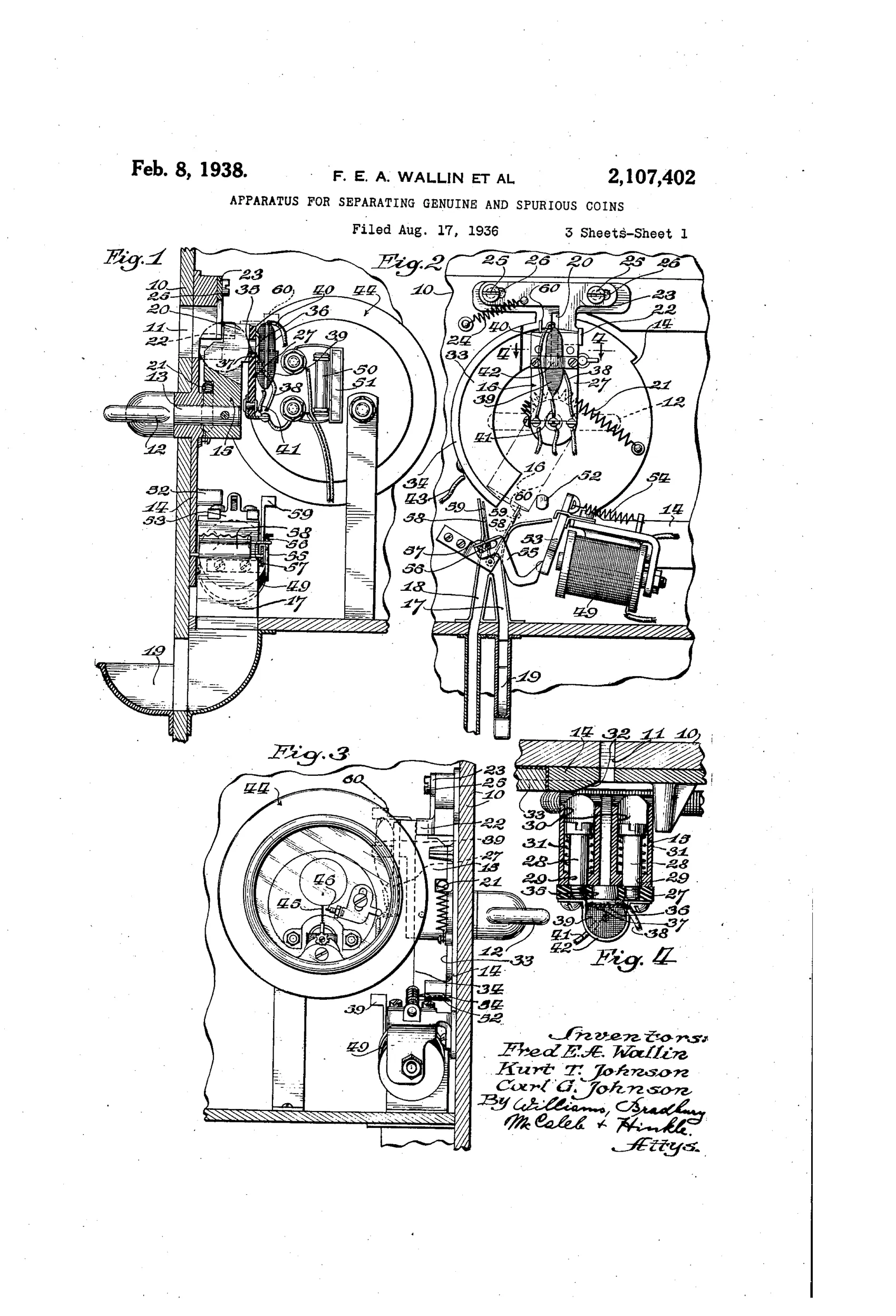 Patent drawing showing a coin-testing mechanism with a rotating carriage, heated contact stud, electromagnet-actuated gate, and two coin chutes, plus accompanying wiring diagrams with a relay, transformer, and vacuum tubes.