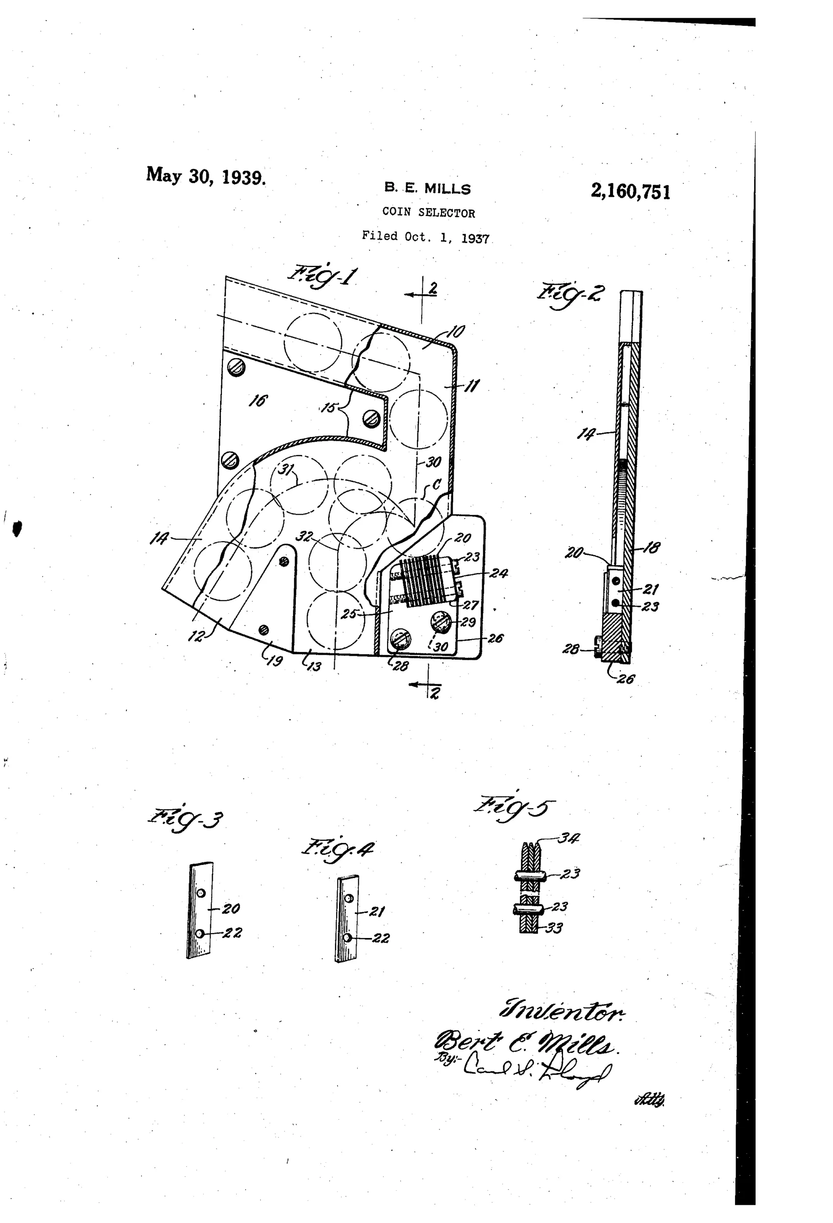 Patent drawing of a mechanical coin selector showing an angled coin chute, a stack of thin spaced steel plates forming a rebound surface with knife edges, mounting screws, spacer blocks, and a side elevation of the assembled unit with labeled parts 10 through 34.
