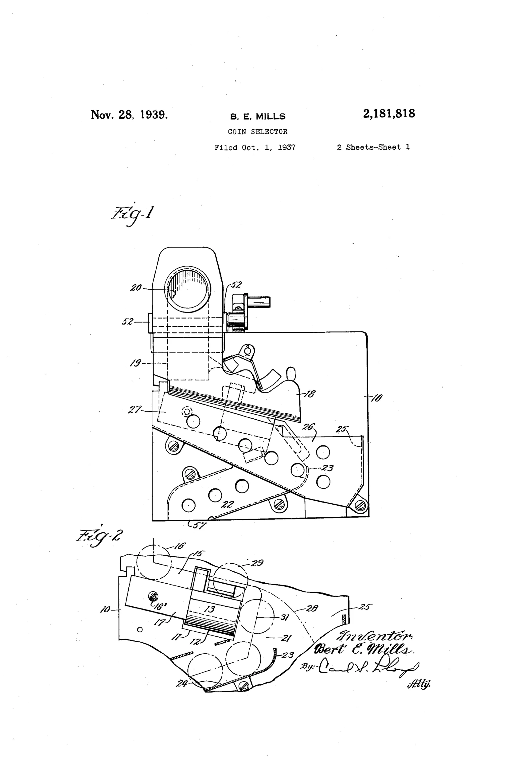Patent drawing of a coin selector mechanism showing a vertical base plate with an inclined coin chute, a horseshoe magnet with upward-projecting poles, a pivoted kicker arm, adjustable screws and bridge block, and multiple discharge passages for sorting coins by magnetic response.
