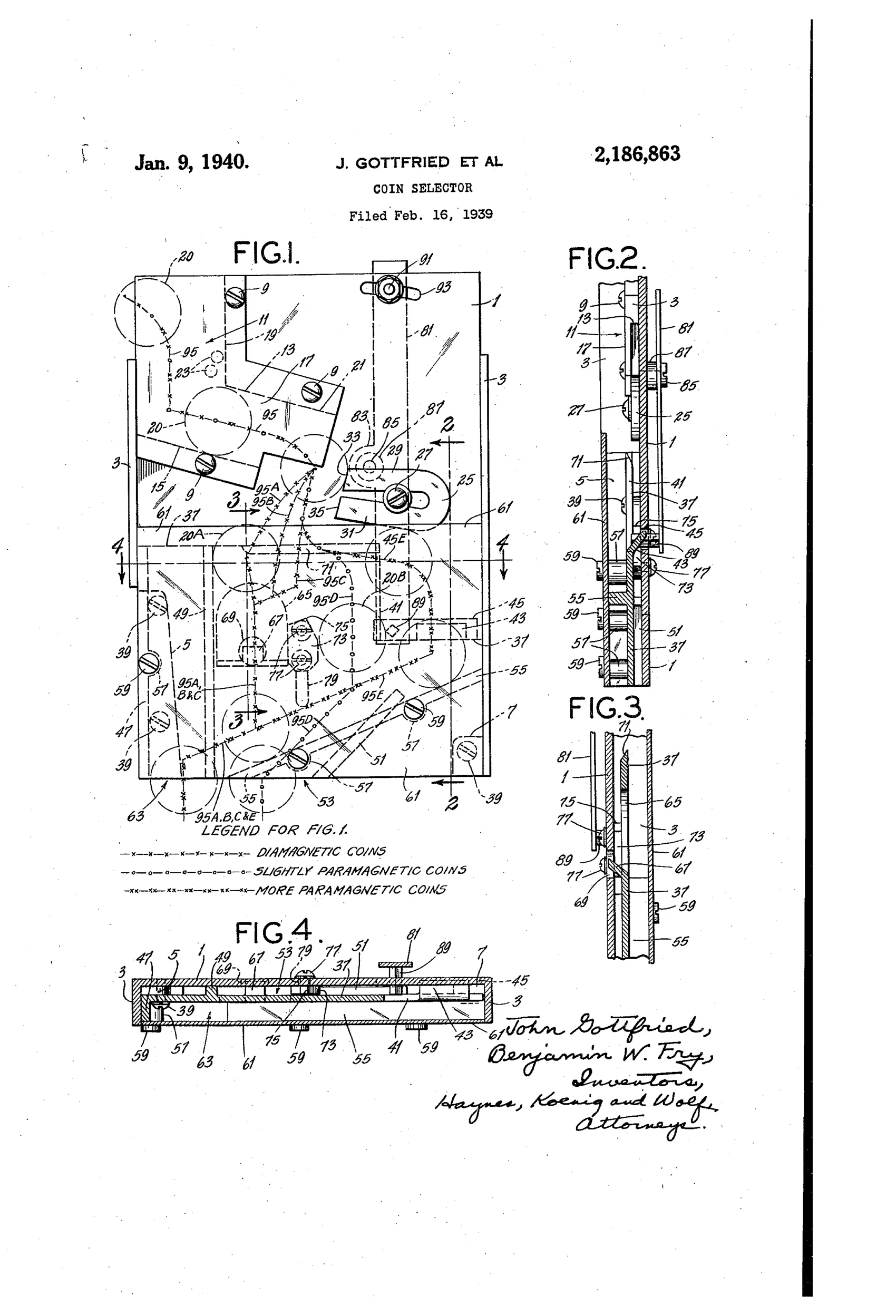 Patent drawing of a coin selector showing a rectangular base plate with a coin chute at upper left, a horseshoe magnet mounted mid-plate, multiple dashed trajectory lines labeled with letters showing coin paths, numbered screws and projections, plus three cross-sectional side views (Figs. 2-4) and a top-down sectional view (Fig. 4) of the layered plates and outlet channels.