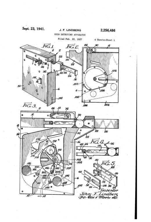 Exploded and sectioned patent drawings of a rectangular coin-detector housing showing sliding gauge levers, a knurled sizing disc, a pivoted weight-measuring pendulum with jaws, and numerous numbered pins, screws, and channels for sorting coins from slugs.
