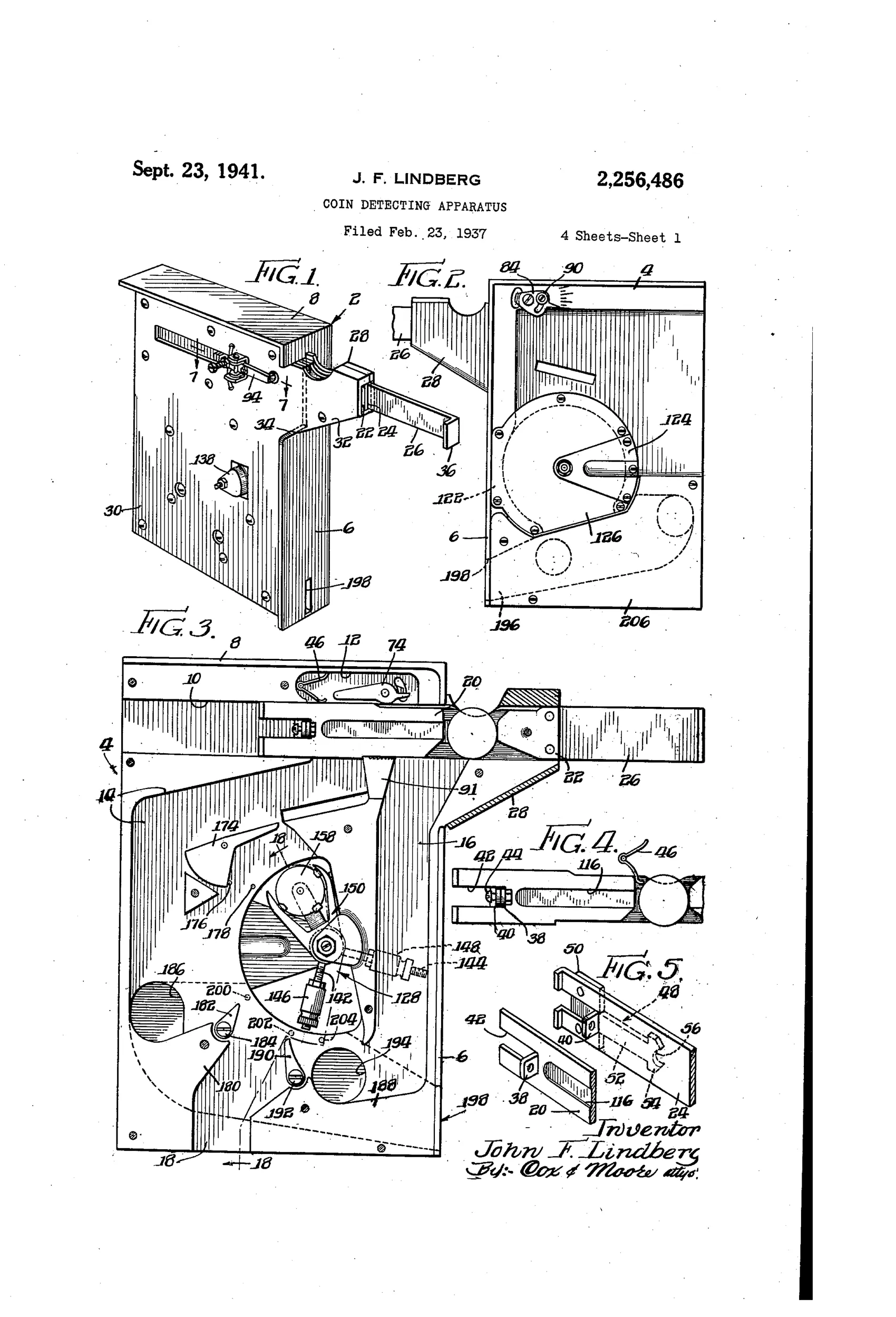 Exploded and sectioned patent drawings of a rectangular coin-detector housing showing sliding gauge levers, a knurled sizing disc, a pivoted weight-measuring pendulum with jaws, and numerous numbered pins, screws, and channels for sorting coins from slugs.