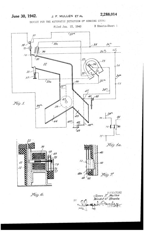 Patent drawing showing a coin chute with heated and cold electrode contacts, a horseshoe-shaped galvanometer relay, a solenoid with movable core, and branching chutes leading to a rejector path and a genuine-coin box, with accompanying schematic wiring diagrams.