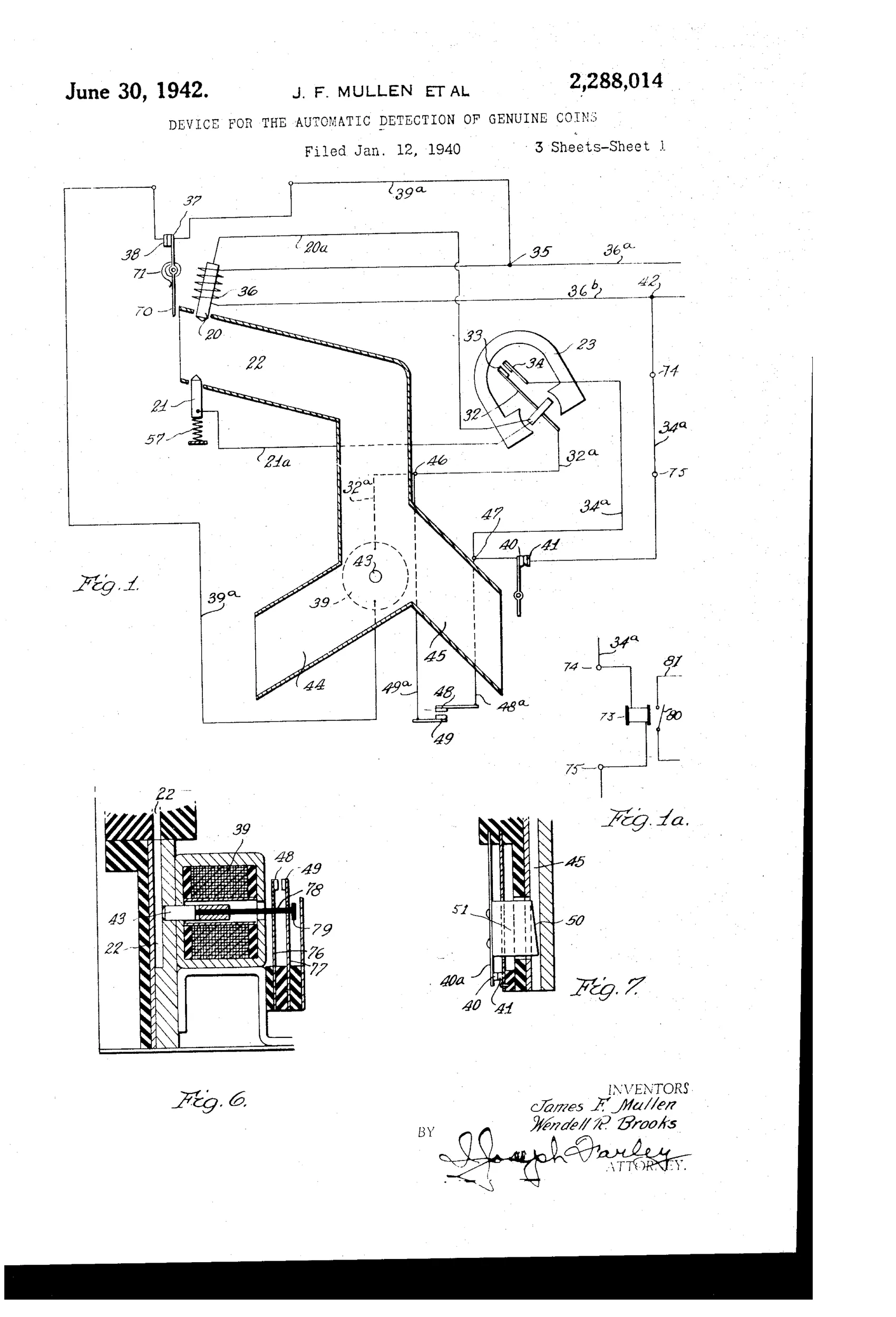 Patent drawing showing a coin chute with heated and cold electrode contacts, a horseshoe-shaped galvanometer relay, a solenoid with movable core, and branching chutes leading to a rejector path and a genuine-coin box, with accompanying schematic wiring diagrams.
