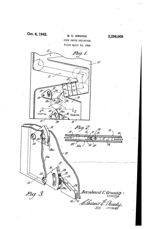 Three patent drawings showing a coin chute mechanism with a pivoted deflector, magnet, and toothed adjustment segment leading to 'ACCEPTED' and 'REJECTED' exits, plus a perspective view of the spring-loaded deflector assembly.