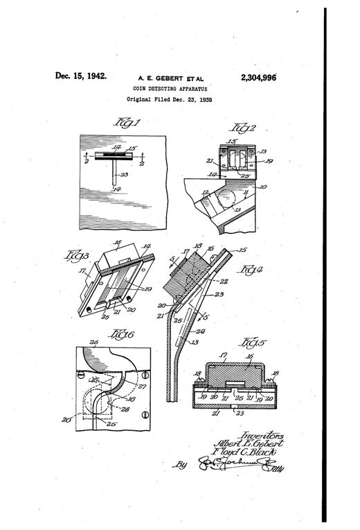 Patent drawing showing a coin chute assembly with a magnet mounted beside an entrance slot, a beveled shoulder, and a retrieval slot for dislodging trapped slugs, illustrated across six labeled figures.
