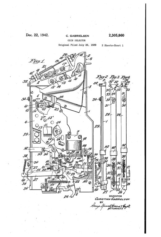 Mechanical drawing of a vintage coin selector mechanism showing plates, chutes, a magnet, thickness gauge, pivoted balances, and a stripping linkage for sorting and rejecting coins and washers.