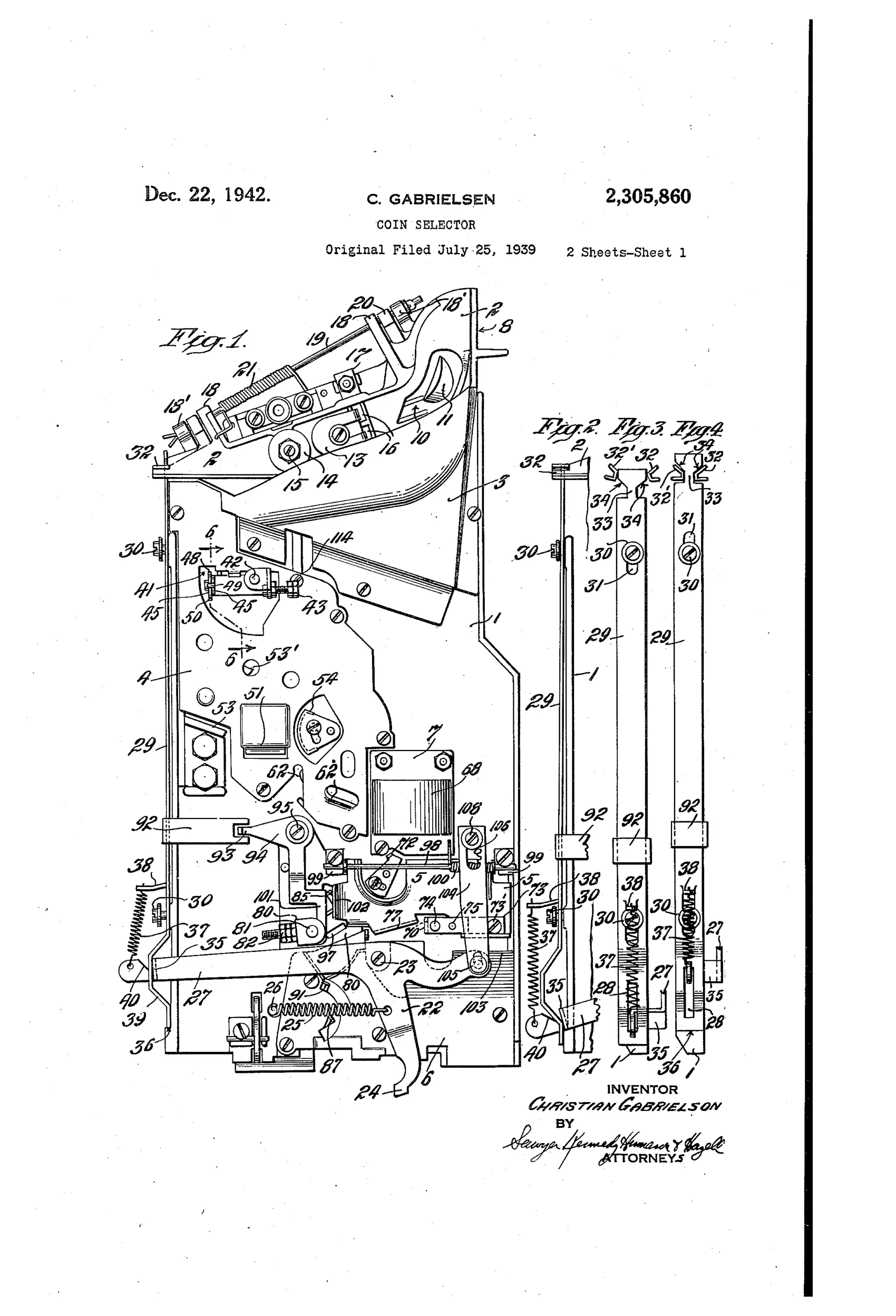 Mechanical drawing of a vintage coin selector mechanism showing plates, chutes, a magnet, thickness gauge, pivoted balances, and a stripping linkage for sorting and rejecting coins and washers.